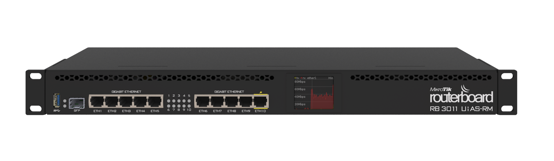 Mikrotik RouterBOARD 3011UiAS with Dual Core 1.4GHz ARM CPU, 1GB RAM, 10x Gbit LAN, 1x SFP port, RouterOS L5, 1U rackmount case, LCD panel.