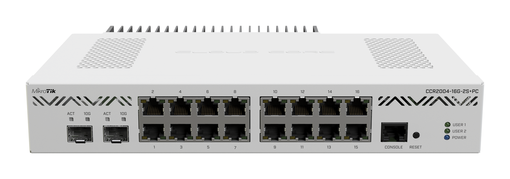 Mikrotik Cloud Core Router 2004-16G-2S+ with Annapurna Labs Alpine v2 CPU (4xARMv8-A Cortex-A57), 4GB RAM, 128MB NAND storage, 16x GLAN, 2x SFP+ ports, Passive Cooling desktop enclosure, PSU, RouterOS L6